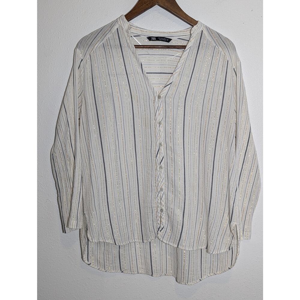 Zara Oversized cotton Striped Gold and Gray Blouse Top Tunic Size S